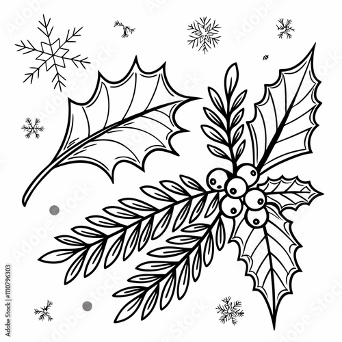 Christmas drawn holly line decor, pine branch, snowflake background. Hand drawn doodle sketch holly floral, christmas tree leaves, winter pine. Holiday ornament sketch doodle. Vector illustration