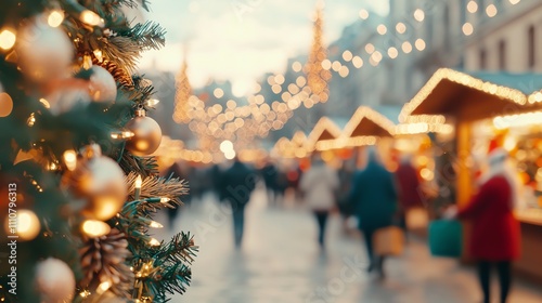 Bustling holiday market, sale posters, wreaths and ornaments, bundledup shoppers with glowing cheeks, twilight lighting, slightly lowangle view photo