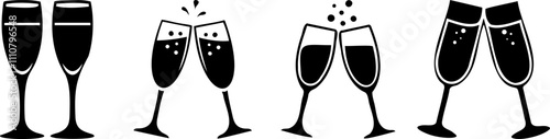 Silhouette of Valentine's Day celebration Collection. Four glasses of champagne are shown in a row, with the top of each glass filled with bubbles.