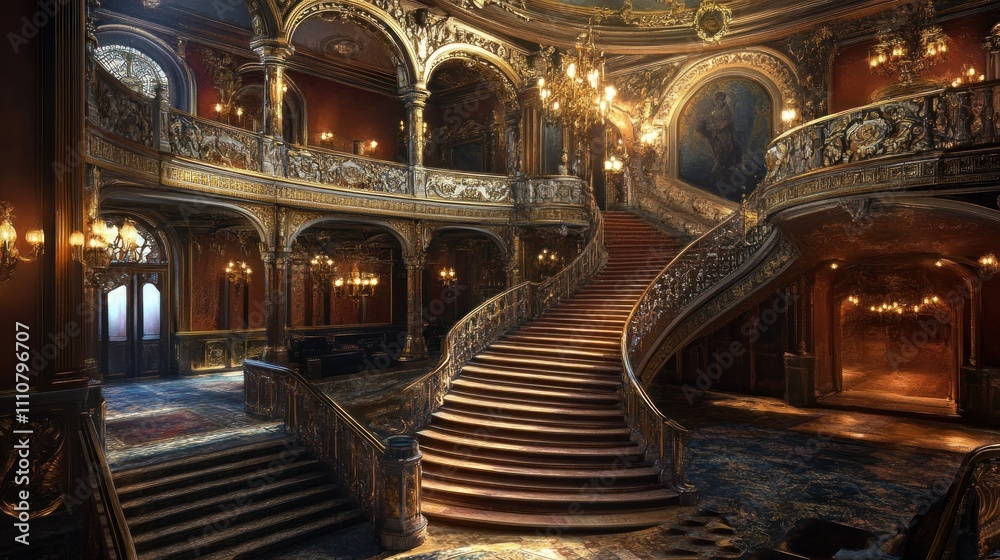Obraz premium Grand ornate staircase in a luxurious mansion interior.
