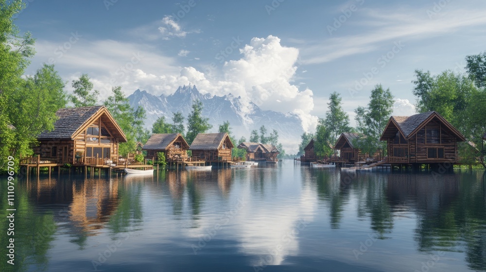 Calm lake with wooden houses and mountains. Calm lake with wooden houses and mountains.