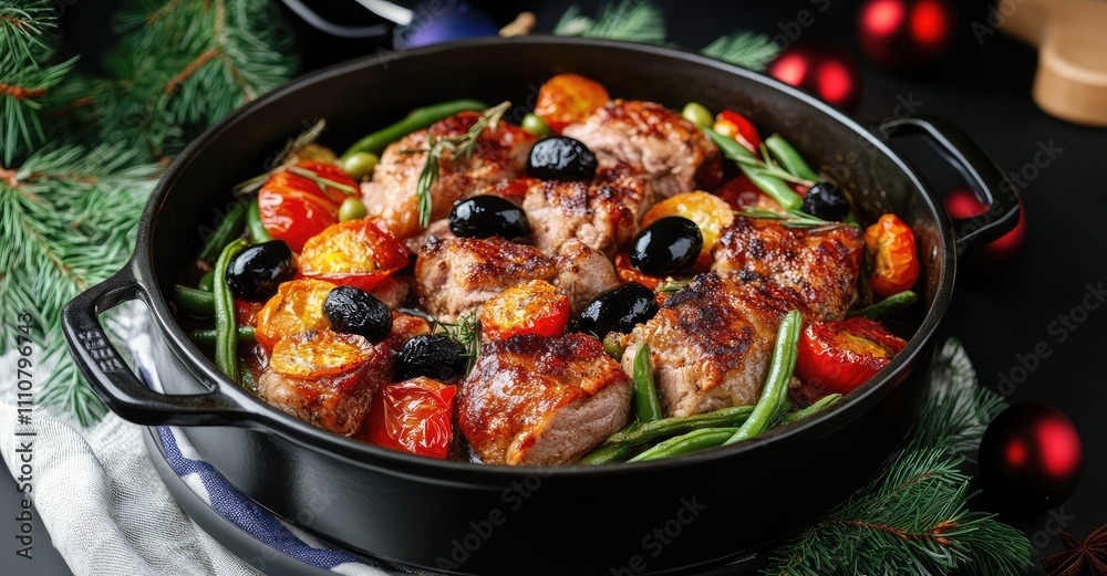 Baked Pork with Tomatoes and Green Beans. AI generated illustration. Baked Pork with Tomatoes and Green Beans. AI generated illustration.