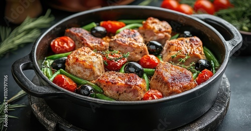 Baked Pork with Tomatoes and Green Beans. AI generated illustration.