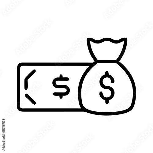 Money bag and dollar bill icon in black outline
