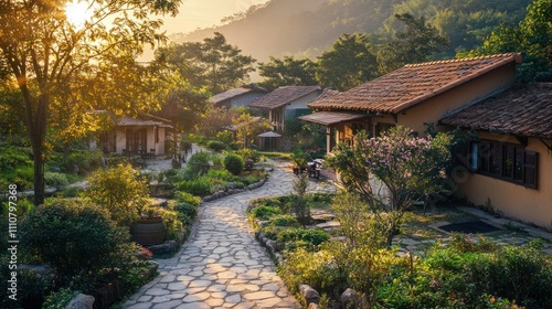 Wallpaper Mural Scenic sunset view of a charming village with stone pathways winding through lush gardens and traditional houses. Torontodigital.ca