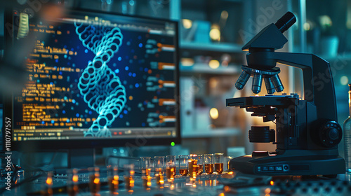 DNA medical research lab, biotechnology science, medicine laboratory clinic. DNA research equipment, test microscope, health scientific computer gene. Research science concept 