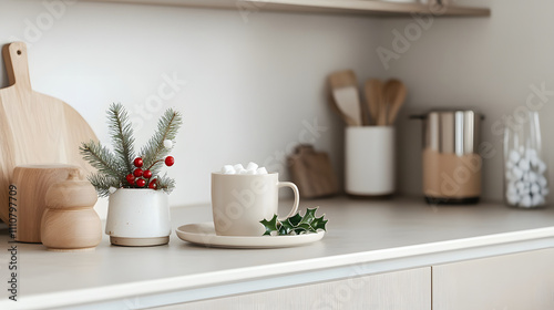 A cozy kitchen scene featuring a mug of marshmallows and festive greenery. photo