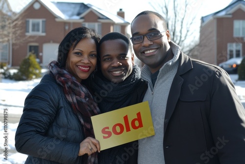 Happy Family Celebrates New Home Purchase, Sold Sign