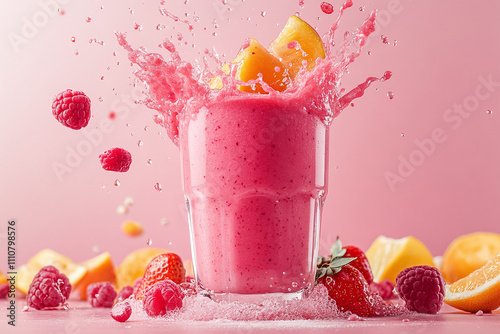 Close-up of Fruit Smoothie Splash Isolated on a Light Pink Background with Copy Space. Healthy Smoothie - Mixed berries Smoothie. Healthy and antioxidant lifestyle