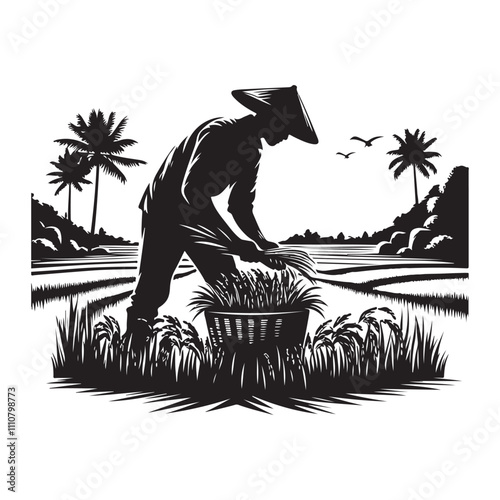  Farmer harvest rice silhouette vector art black color design and solid white background 