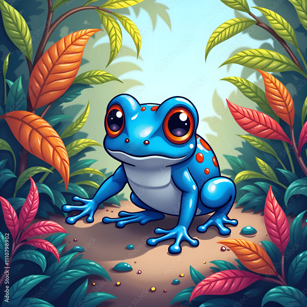 Vibrant blue frog among colorful leaves in a lush tropical environment, digital illustration of nature exploration concept. Vibrant blue frog among colorful leaves in a lush tropical environment, digital illustration of nature exploration concept.