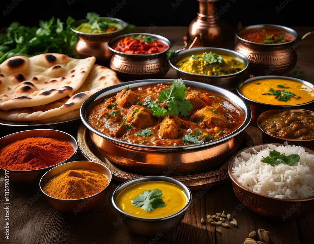 vibrant array of traditional indian dishes presented on a rustic wooden table. vibrant array of traditional indian dishes presented on a rustic wooden table.