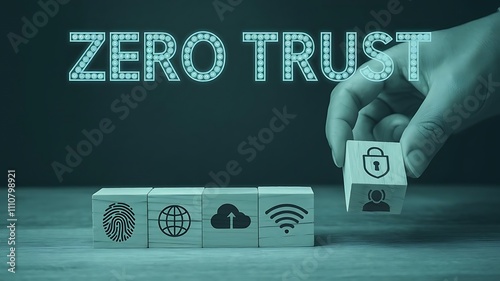 Zero Trust Cybersecurity Concept with Digital Security Icons Representing Data Protection, Cloud Security, Network Access, and User Authentication for Modern IT Frameworks .Person picking wooden box . photo