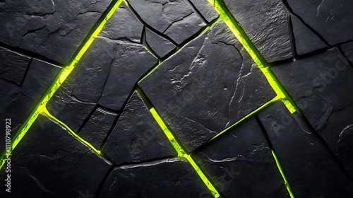 A modern abstract texture of black stone tiles intersected by bright green glowing lines, creating a stylish and futuristic visual effect photo