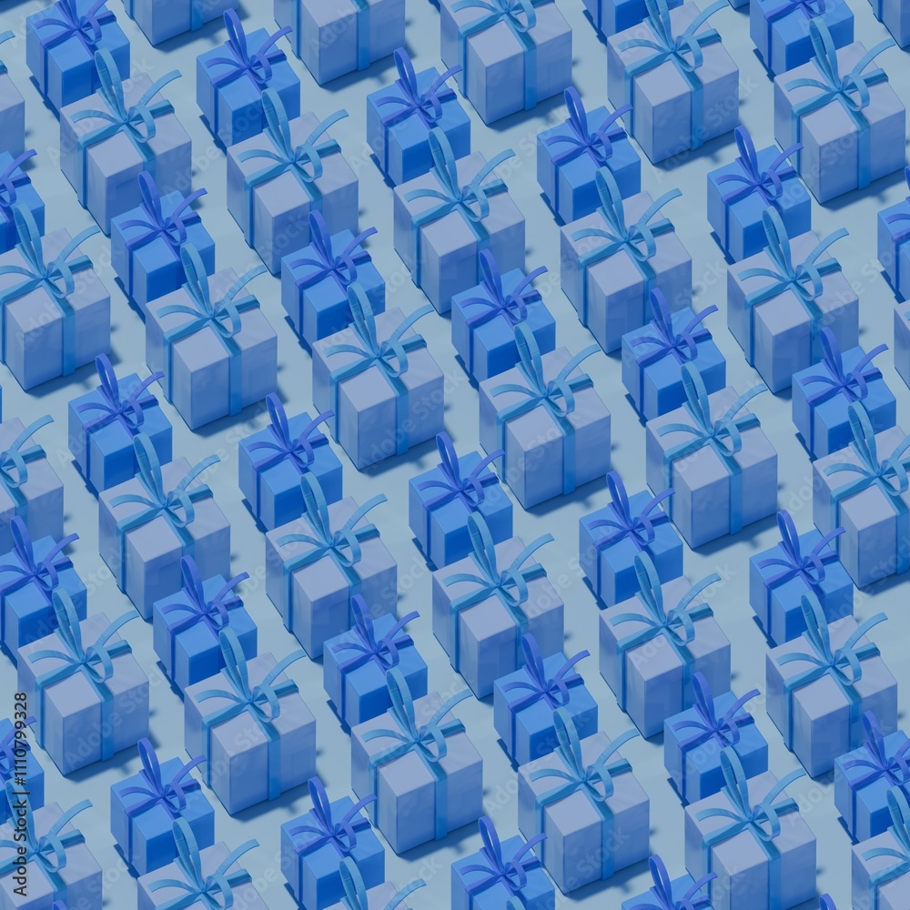 Obraz premium A pattern of blue gift boxes decorated with ribbons. 3D render background illustration on the theme of a holiday, Christmas or New Year