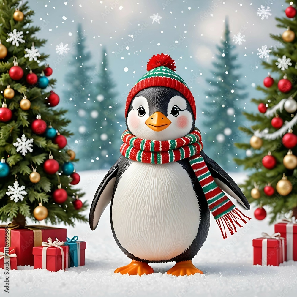 This adorable penguin, with a joyful expression, is surrounded by holiday decorations and a scenic mountain backdrop.