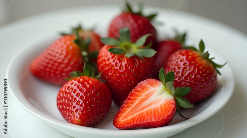 Close-up of ripe bright red strawberries with green leaves on white plate on light background. Studio photo, high quality and detail. Close-up of ripe bright red strawberries with green leaves on white plate on light background. Studio photo, high quality and detail.