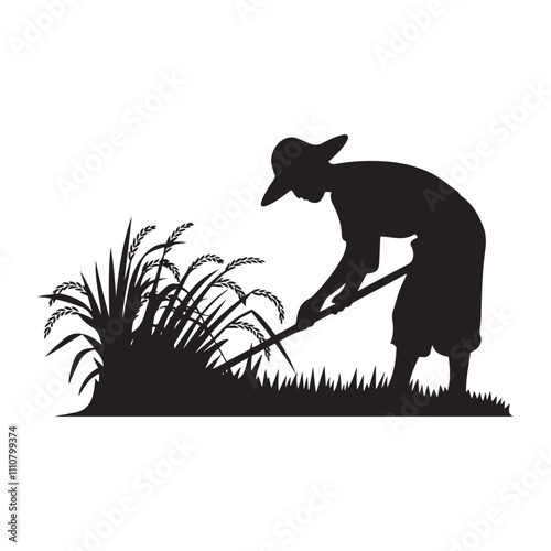  Farmer harvest rice silhouette vector art black color design and solid white background 