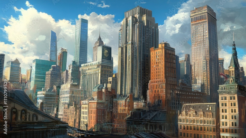 Fototapeta premium Vibrant cityscape with diverse architecture under a partly cloudy sky.