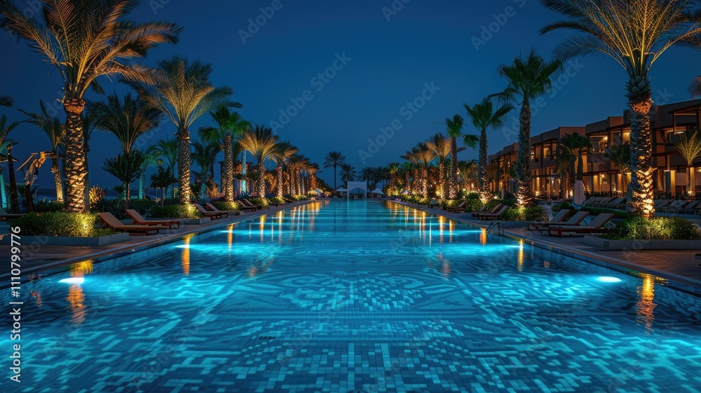 A serene nighttime view of a luxurious pool surrounded by palm trees and elegant lighting. A serene nighttime view of a luxurious pool surrounded by palm trees and elegant lighting.