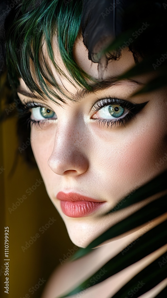 Close-up portrait of a young woman with striking green hair and captivating green eyes. Close-up portrait of a young woman with striking green hair and captivating green eyes.
