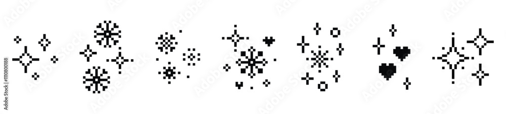 A set of snowflake in pixel art style. Abstract winter black vector elements. Simple geometric vector Christmas icons. Crystal, heart, star sparkle shine. Magic holiday pixels design. White background