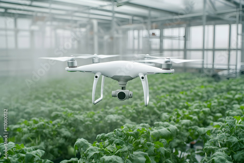 Drone flying in greenhouse above plants. photo