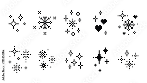 Winter decor set. Snowflake in pixel art style. Abstract game black elements. Simple geometric vector Christmas icons. Crystal, heart, star sparkle shine. Magic holiday pixels design. White background