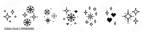 A set of snowflake in pixel art style. Abstract winter black vector elements. Simple geometric vector Christmas icons. Crystal, heart, star sparkle shine. Magic holiday pixels design. White background