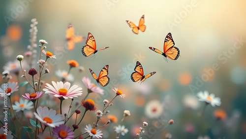 Flaying butterflay on florals background, Ai generated photo