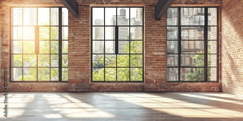 Contemporary interior design of a loft space with exposed brick and large windows