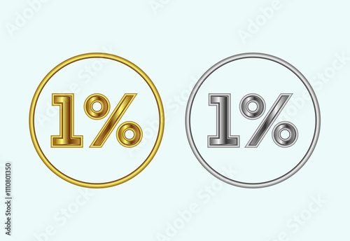 One percent icon, 1 percent sign symbol in gold and silver color