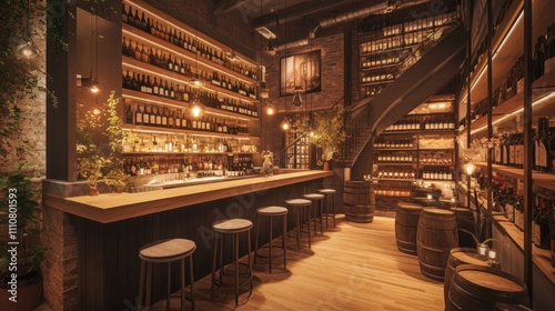 Elegant wine bar interior with wooden bar, shelves, and wine barrels.