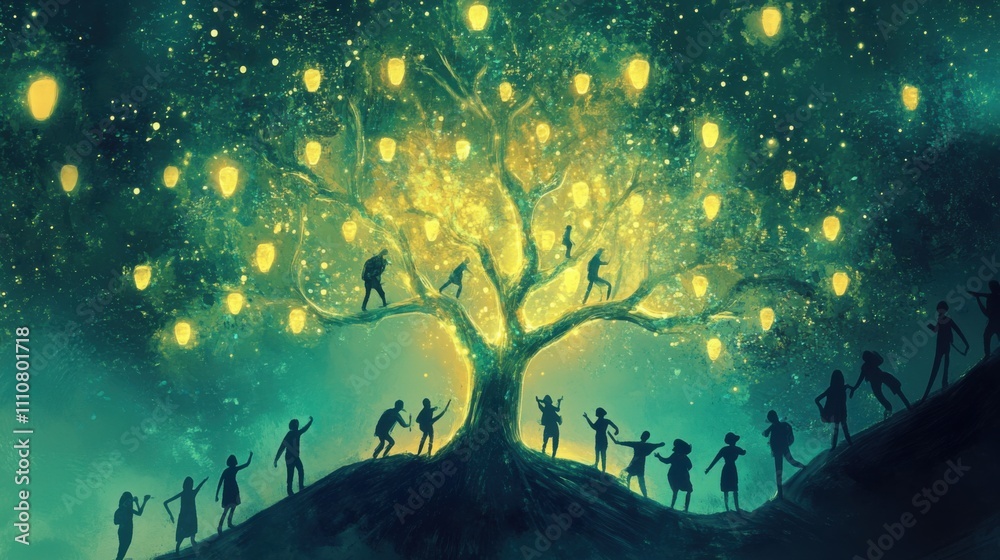 Enchanting Night Scene with Tree and Lanterns Under Starry Sky Enchanting Night Scene with Tree and Lanterns Under Starry Sky