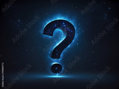 A radiant, electric blue glowing question mark, with a soft, pulsing aura, suspended in a deep, mysterious dark background, reminiscent of a starry night sky, with a subtle, warm spotlight effect