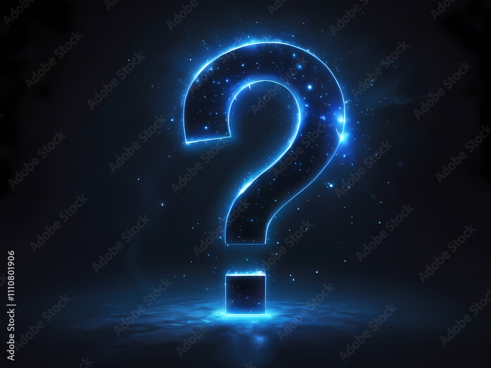 A radiant, electric blue glowing question mark, with a soft, pulsing aura, suspended in a deep, mysterious dark background, reminiscent of a starry night sky, with a subtle, warm spotlight effect A radiant, electric blue glowing question mark, with a soft, pulsing aura, suspended in a deep, mysterious dark background, reminiscent of a starry night sky, with a subtle, warm spotlight effect