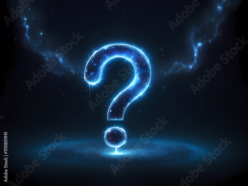 A radiant, electric blue glowing question mark, with a soft, pulsing aura, suspended in a deep, mysterious dark background, reminiscent of a starry night sky, with a subtle, warm spotlight effect