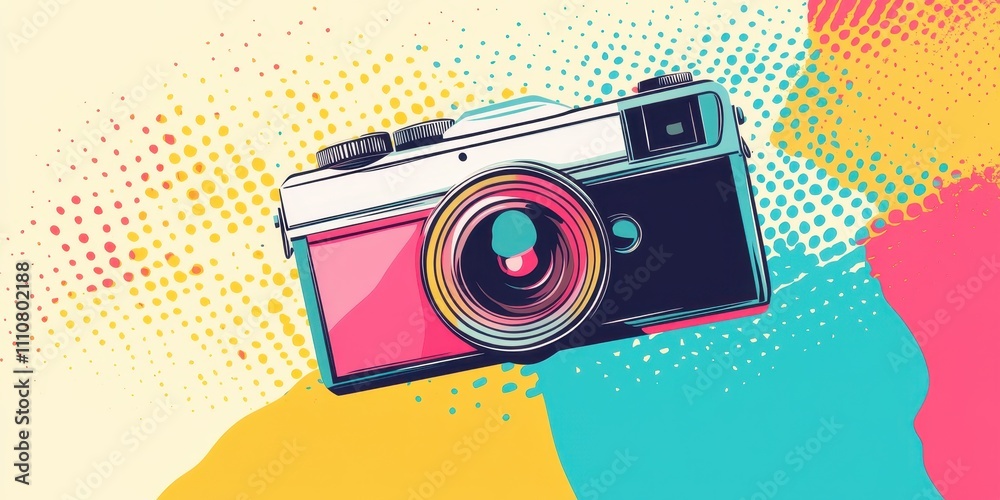 Fototapeta premium A colorful vintage camera illustration with a modern artistic flair and bright background.