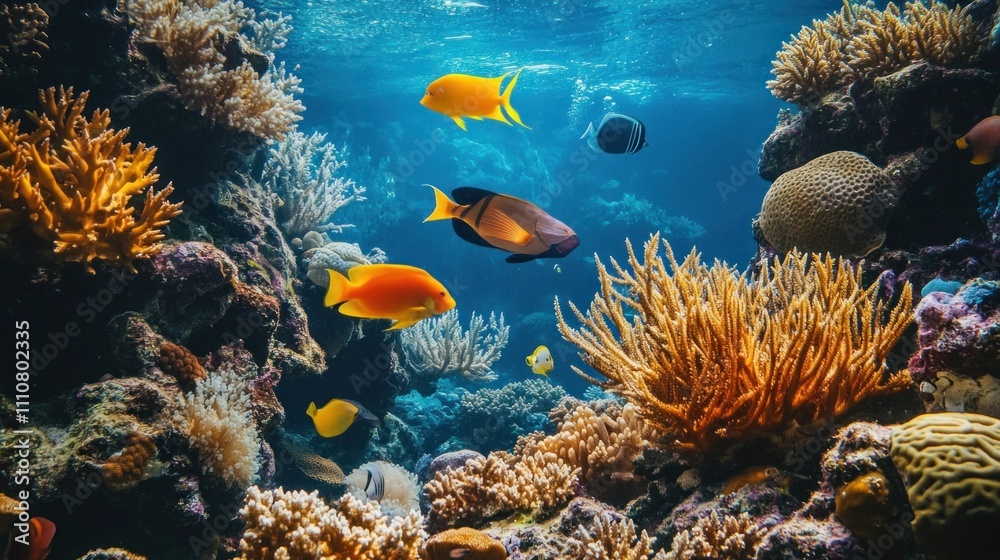 Obraz premium Vibrant coral reef teeming with colorful fish and diverse marine life. (1)
