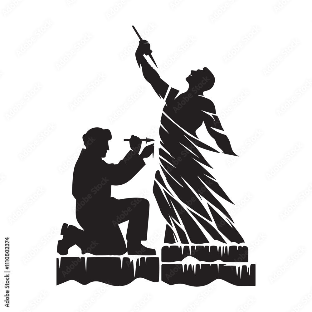 Obraz premium Ice sculptor at work silhouette vector art black color design and solid white background