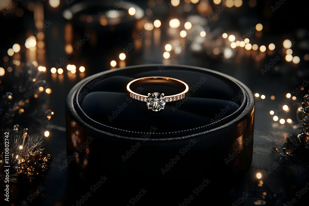 Elegant diamond ring in black box with lights. Elegant diamond ring in black box with lights.