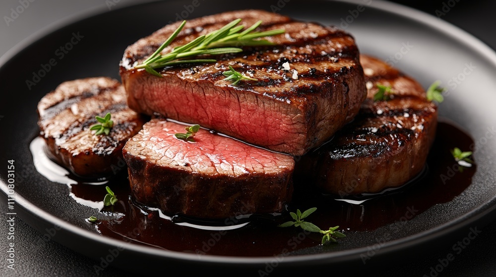 A beautifully plated steak dish, showcasing grilled beef with garnishes. A beautifully plated steak dish, showcasing grilled beef with garnishes.