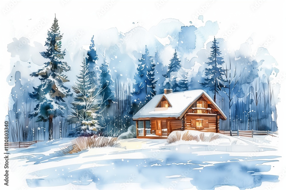 Fototapeta premium A charming wooden cabin surrounded by snow-covered trees in a serene winter landscape.