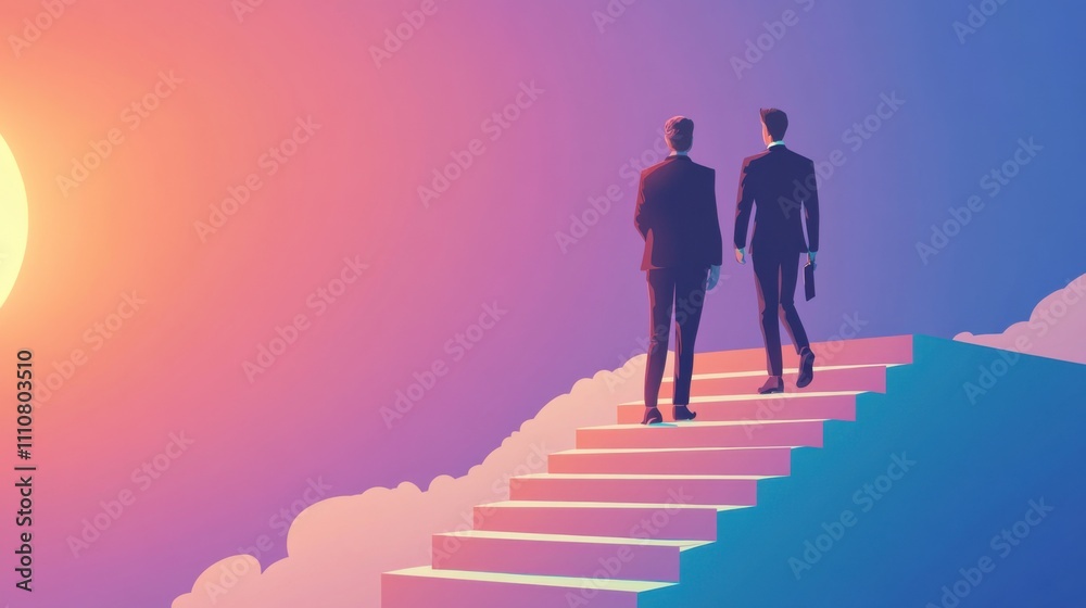 Two Businessmen Walking Upstairs Towards Colorful Sunset Background Two Businessmen Walking Upstairs Towards Colorful Sunset Background