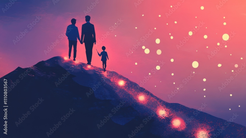Family Silhouette on Mountain Peak Under Colorful Starry Sky Family Silhouette on Mountain Peak Under Colorful Starry Sky