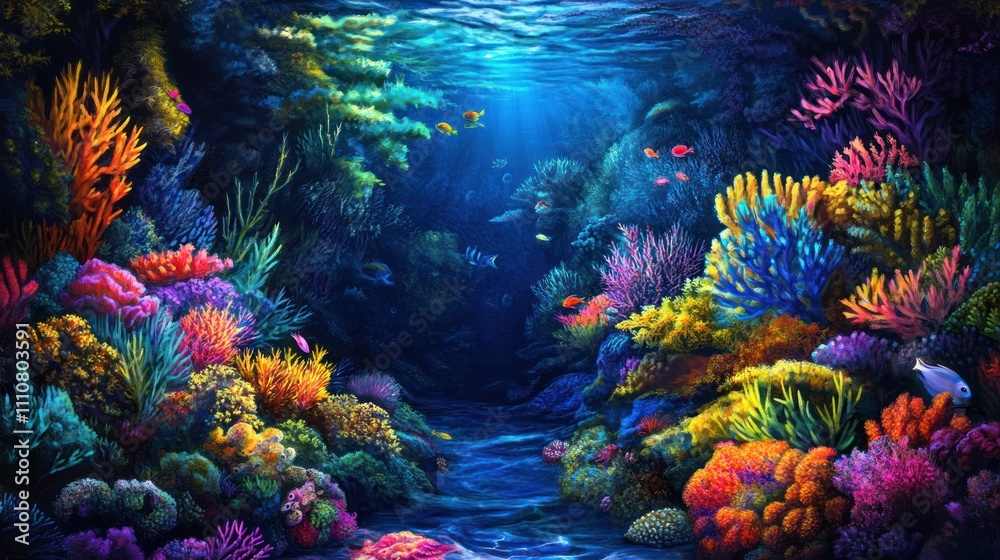 Fototapeta premium Vibrant underwater coral reef scene with colorful corals, fish, and plants.
