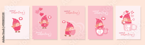 Set of five cute Valentine's Day cards featuring a gnome in different romantic scenes. Perfect for sending love and warm wishes.