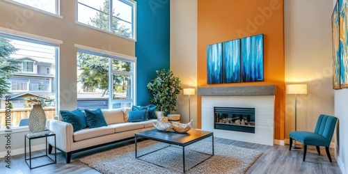 Freshly painted living room interior with a bold accent wall in a modern home photo