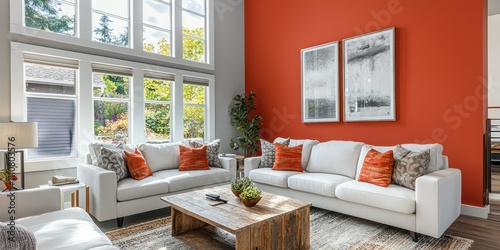 Freshly painted living room interior with a bold accent wall in a modern home