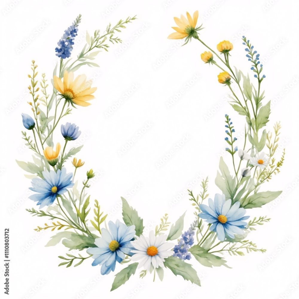 Obraz premium Delicate Watercolor Wildflower Wreath in Blue and Yellow for Spring Celebrations with Copy Space